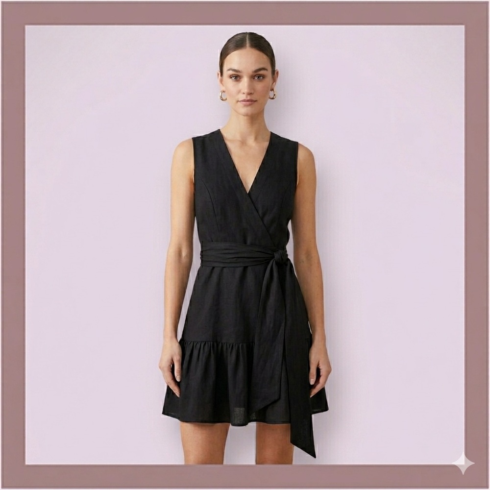 Christian Lacroix Black Sleeveless Linen Blend Wrap Mini Dress